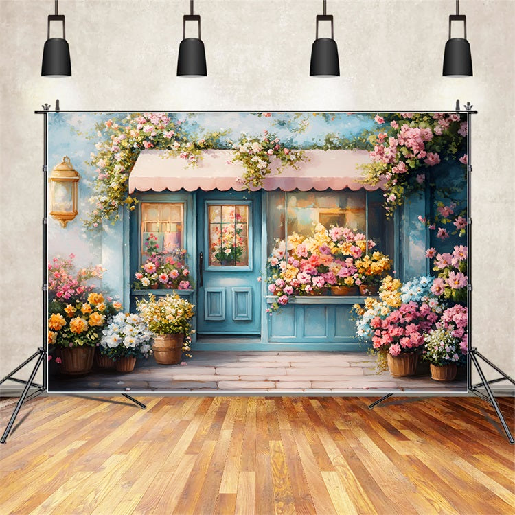 Toile de fond Printemps Porte Bleue Fleurs Épanouies LXX1-67