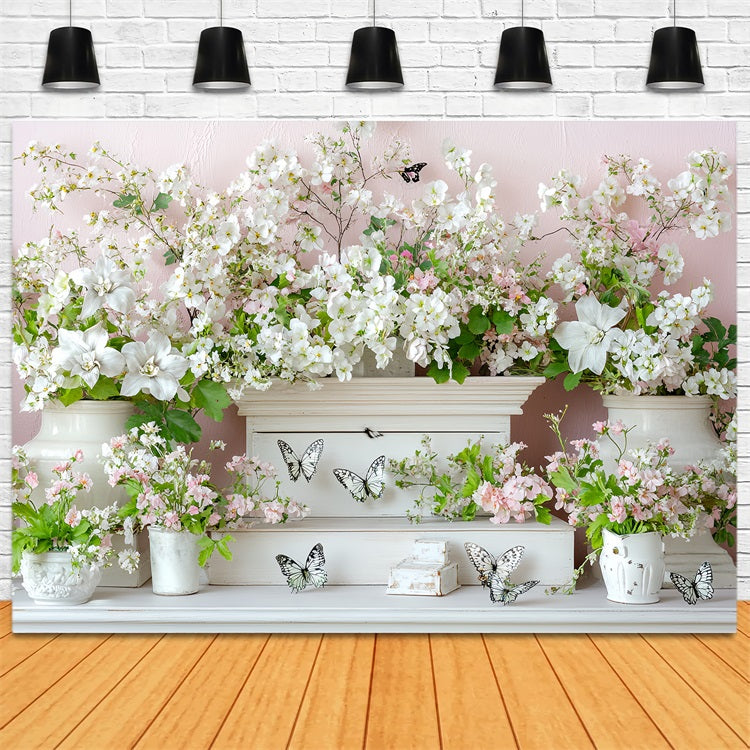 Toile de fond Printemps Fleurs Blanches Papillons LXX1-7