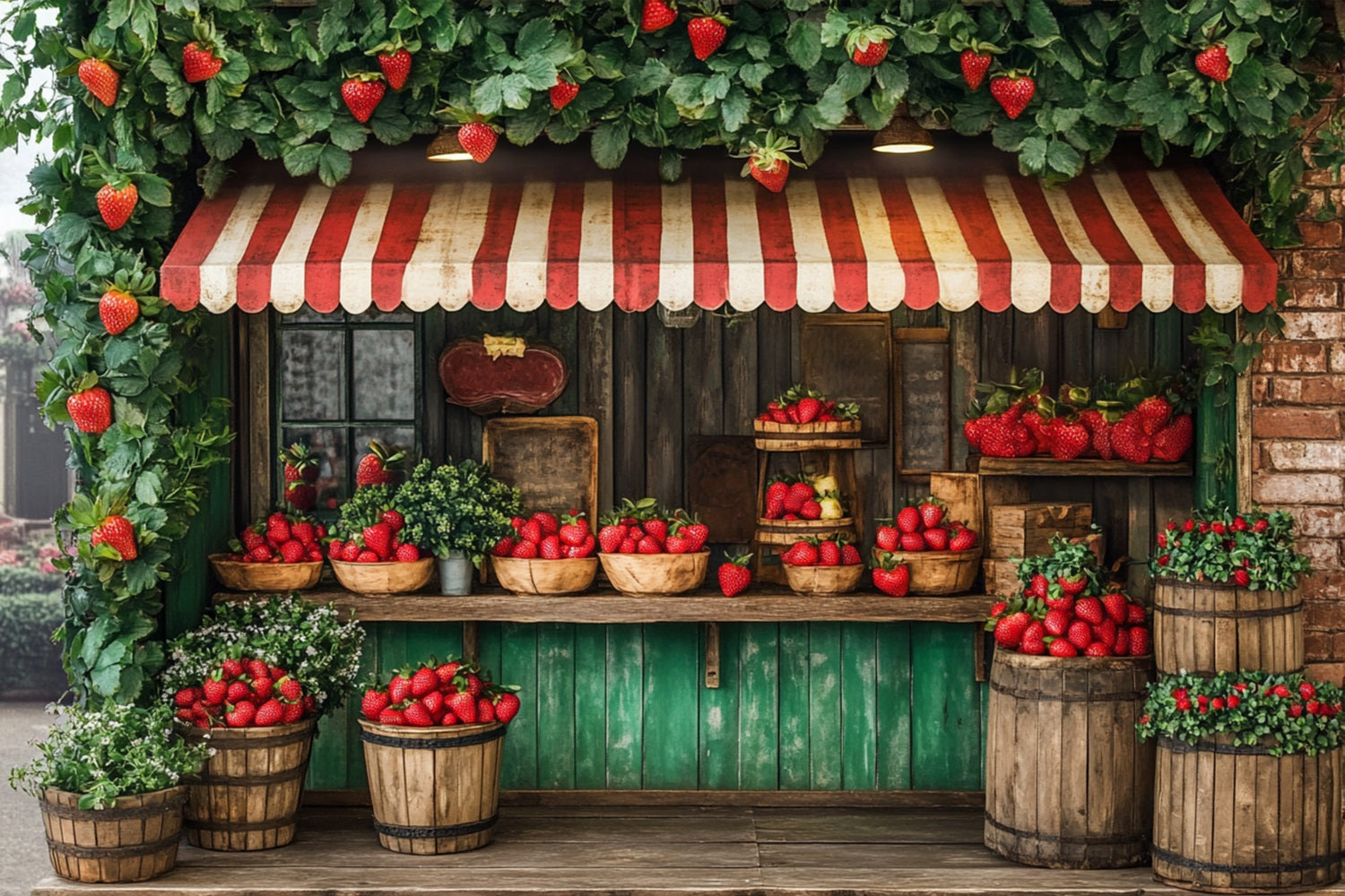 Fond Photo Printemps Boutique Fraises Bois Décor Vert LXX1-83