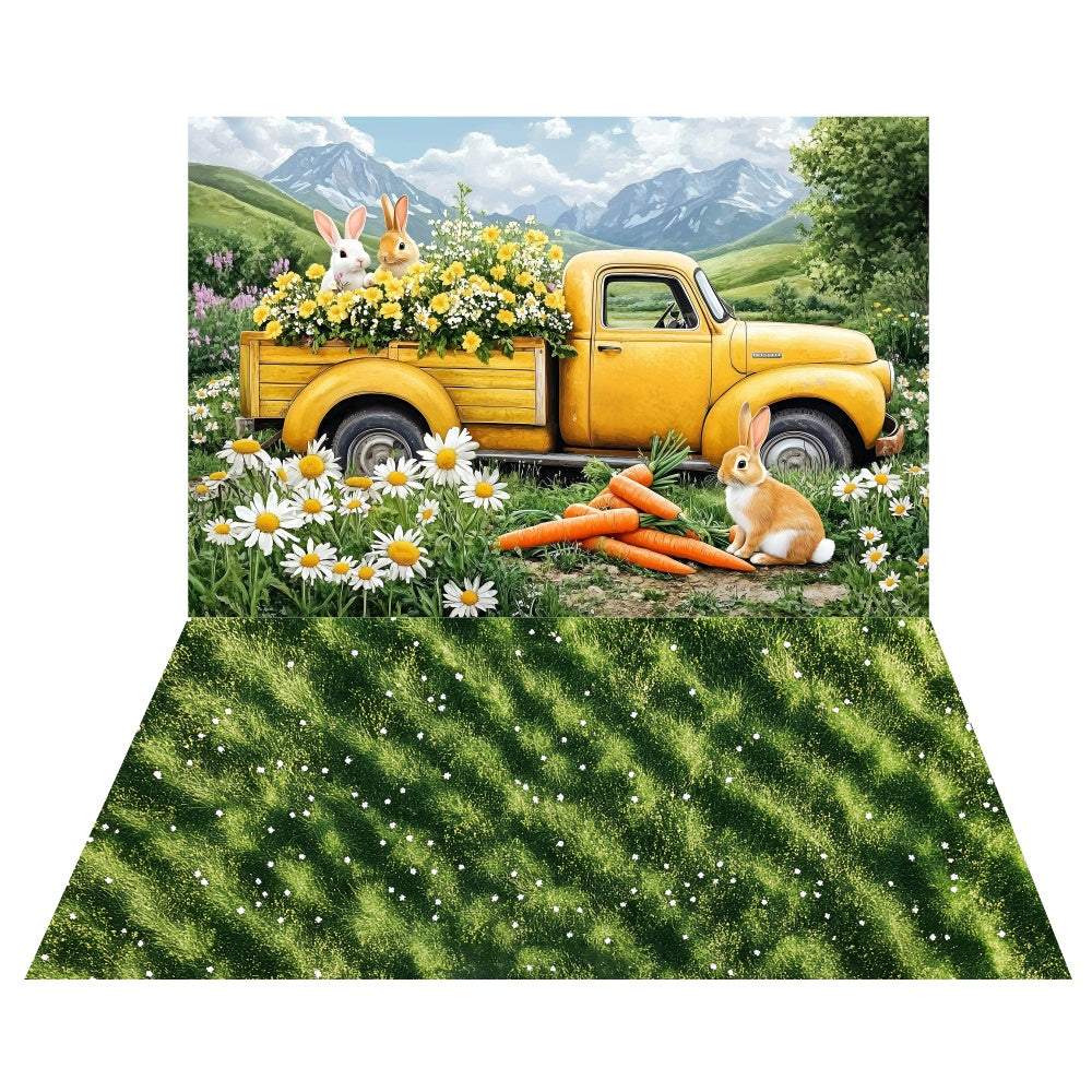 Toile de fond Camionnette Ferme Marguerites Pâques + Fond Sol Herbe Fraîche LXX2-19