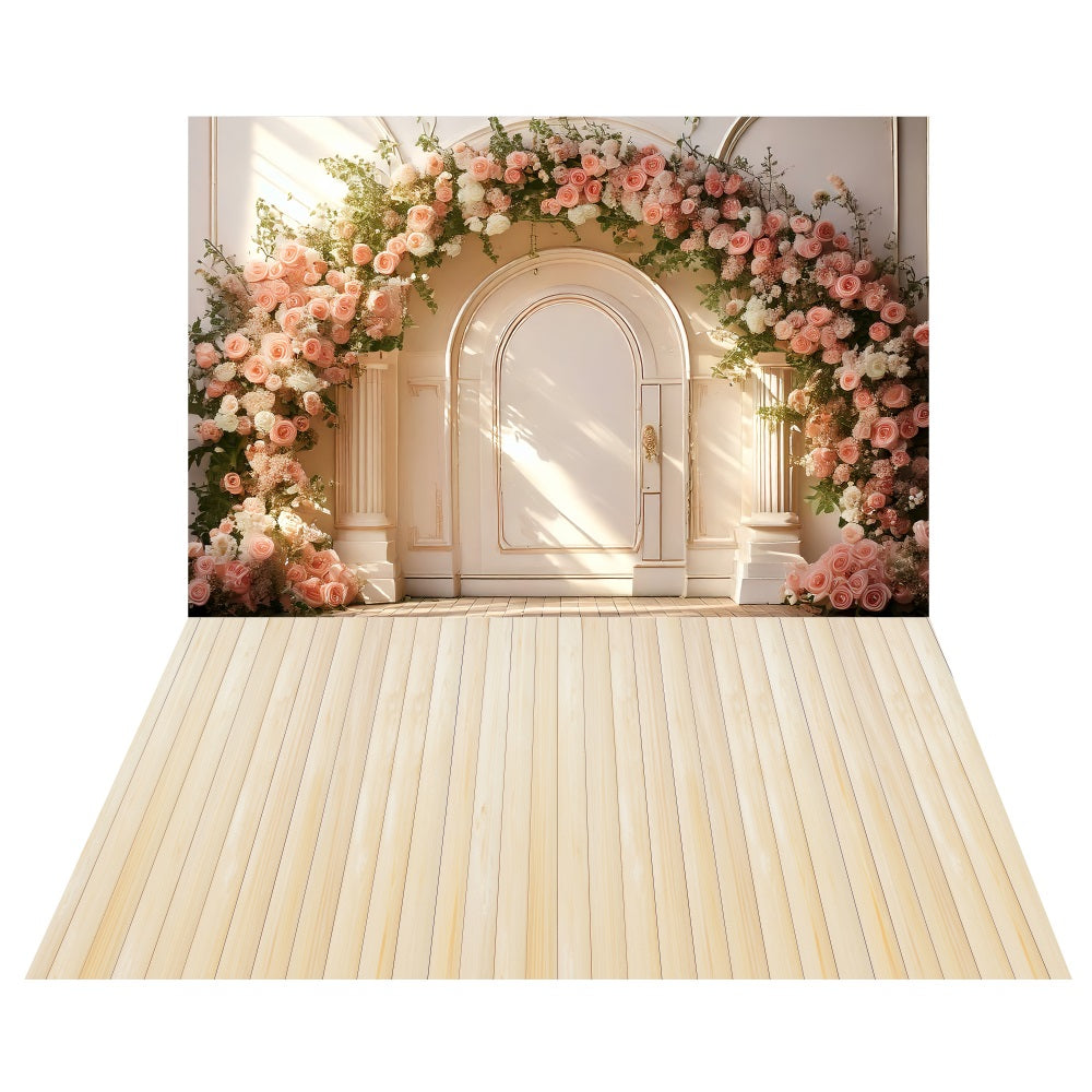Toile de fond Arche Blanche Fleurie Printemps + Sol en Bois Crème LXX2-190