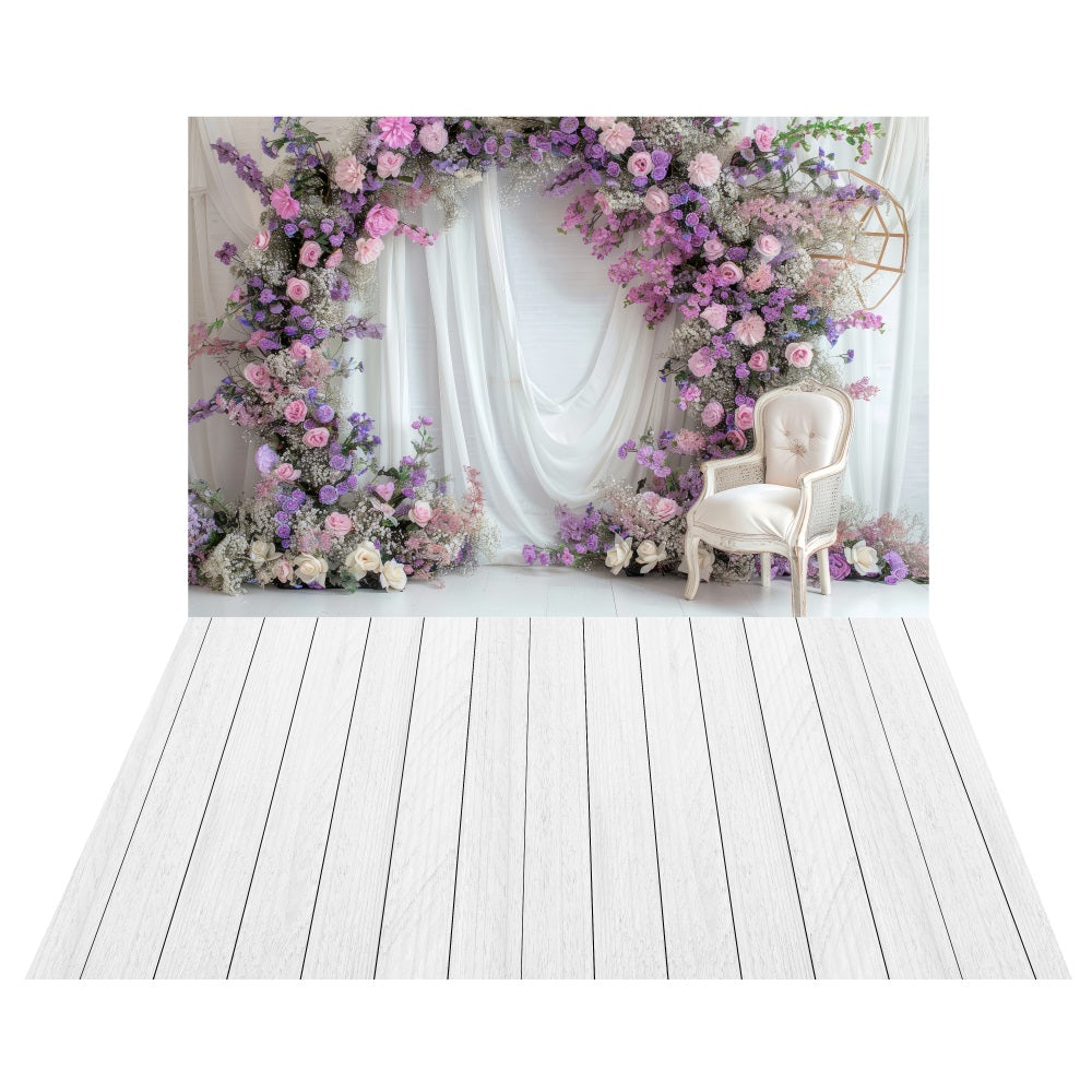 Toile de fond Arche Florale Rêve Lavande + Sol en Bois Blanchi LXX2-195
