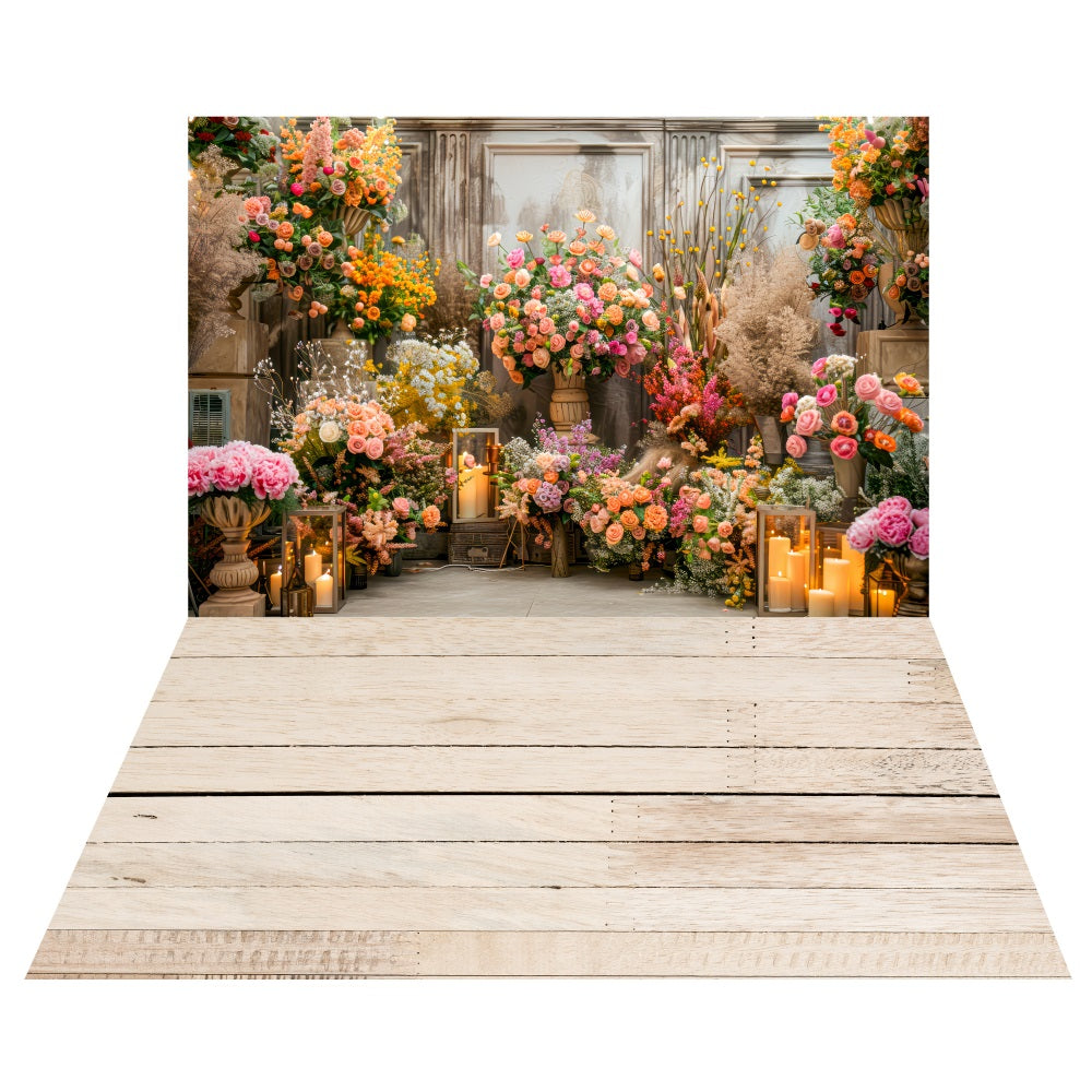 Toile de fond Bougies Romantiques Florales + Sol en Bois Doux LXX2-196