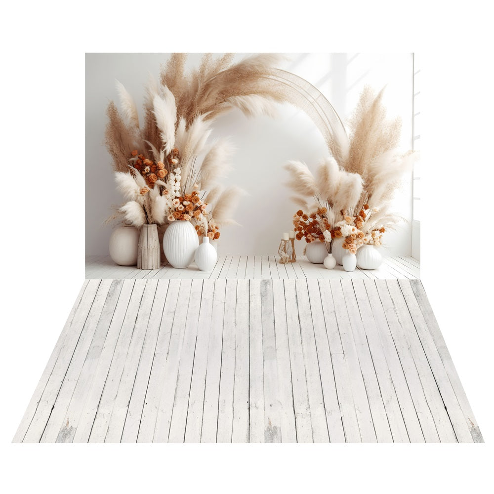 Toile de fond Arche Florale Pampas Bohème + Sol en Bois Blanchi LXX2-212
