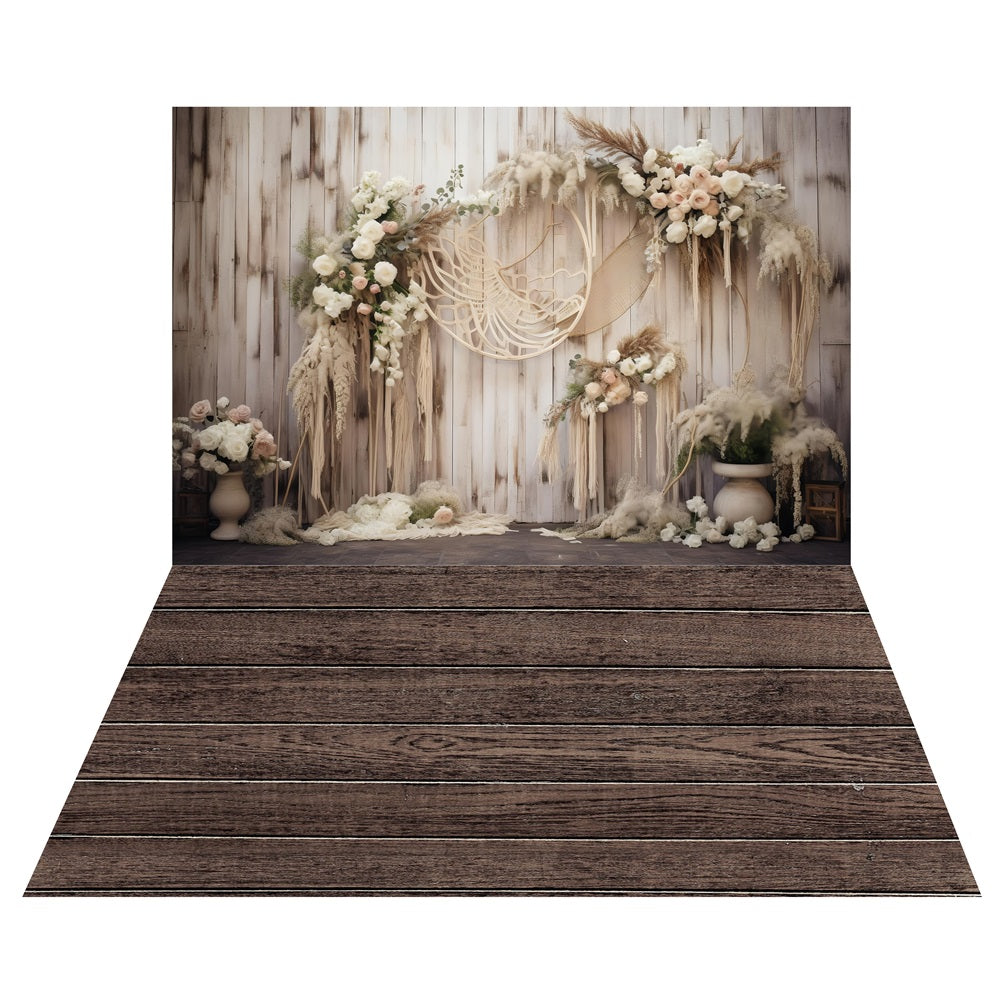 Toile de fond Attrape-Rêves Floraux Bohème + Sol en Bois Rustique Sombre LXX2-223