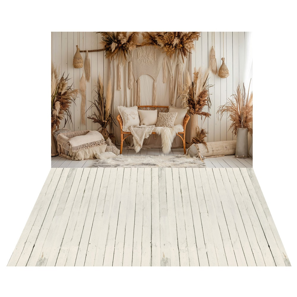 Toile de fond Salon Bohème Fleuri + Sol en Bois Rustique Blanc LXX2-225