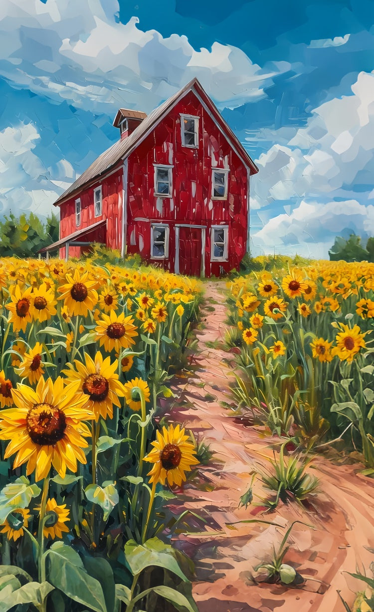 Toile de fond Sweep Photo Florale Ferme Tournesols Grange Rouge LXX2-303