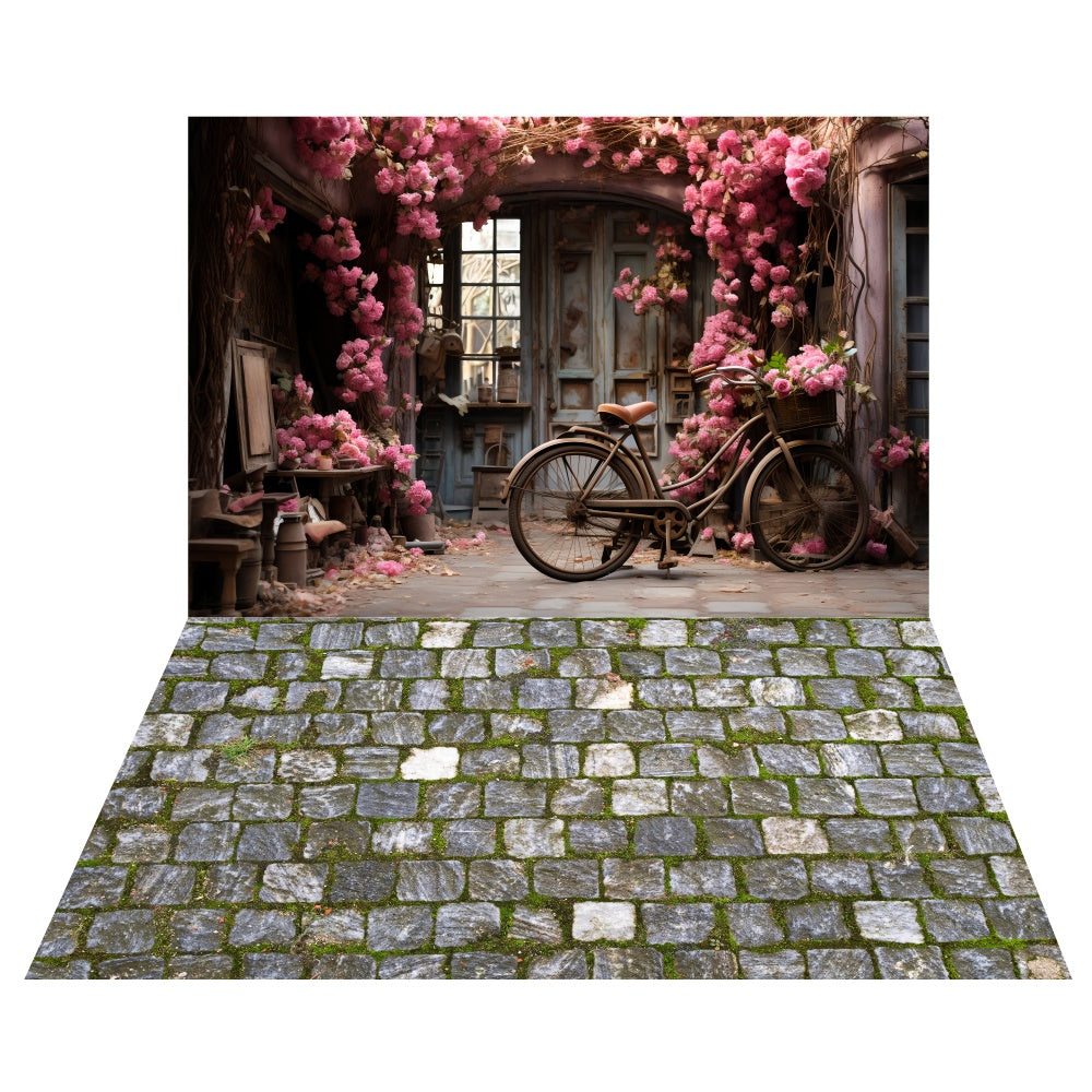 Toile de fond Vélo Floral Saint-Valentin + Fond Sol en Briques Moussues LXX2-4