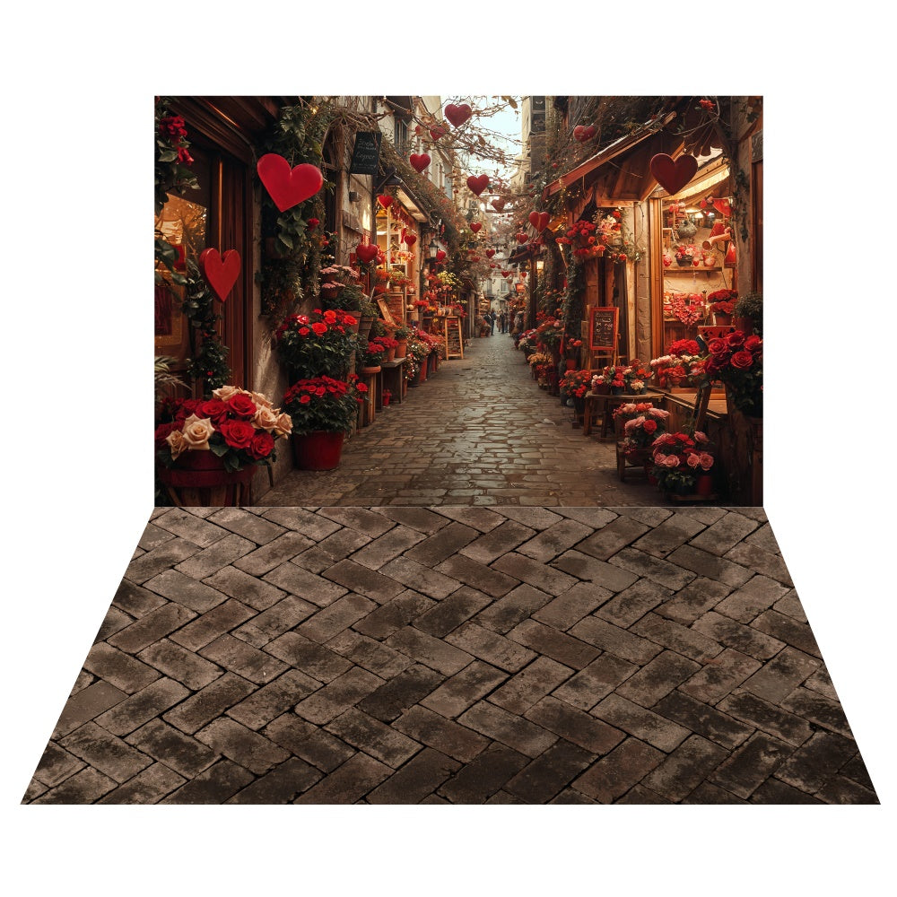 Toile de fond Rue Romantique Saint-Valentin + Fond Sol en Briques Vintage LXX2-5