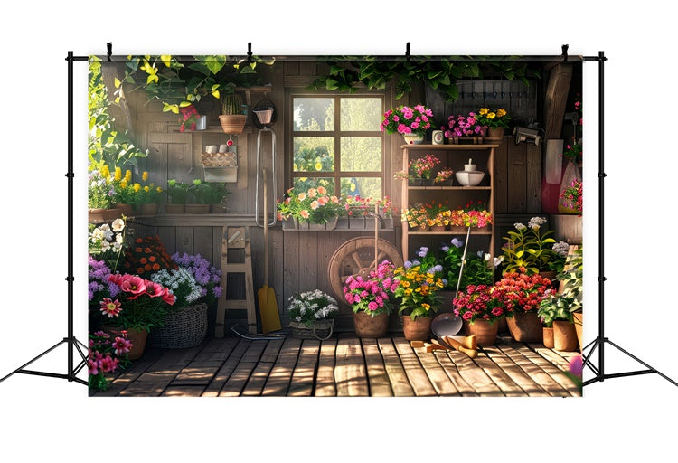 Toile de fond Printemps Abri de Fleurs en Bois Plantes Épanouies LXX2-54