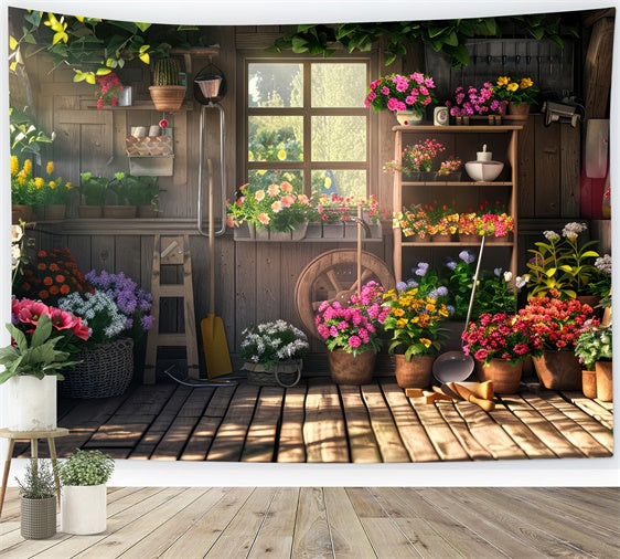 Toile de fond Printemps Abri de Fleurs en Bois Plantes Épanouies LXX2-54