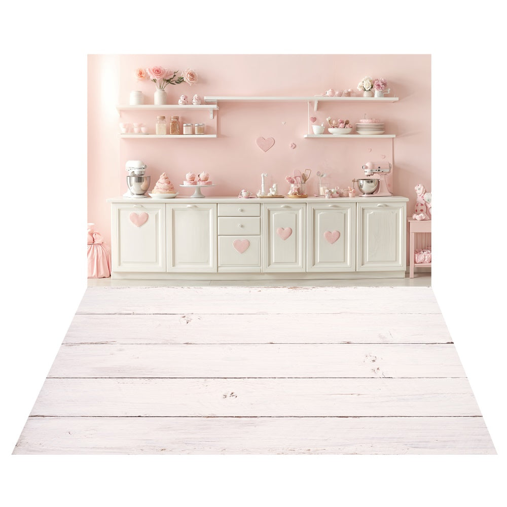 Toile de fond Cuisine Saint-Valentin Douceur + Fond Sol en Bois Blanc LXX2-7