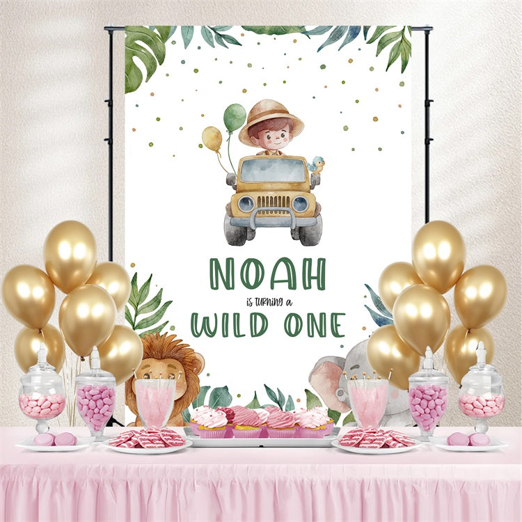 Toile de fond Anniversaire Personnalisable Aventure Animaux Forêt Tropicale LXX3-105