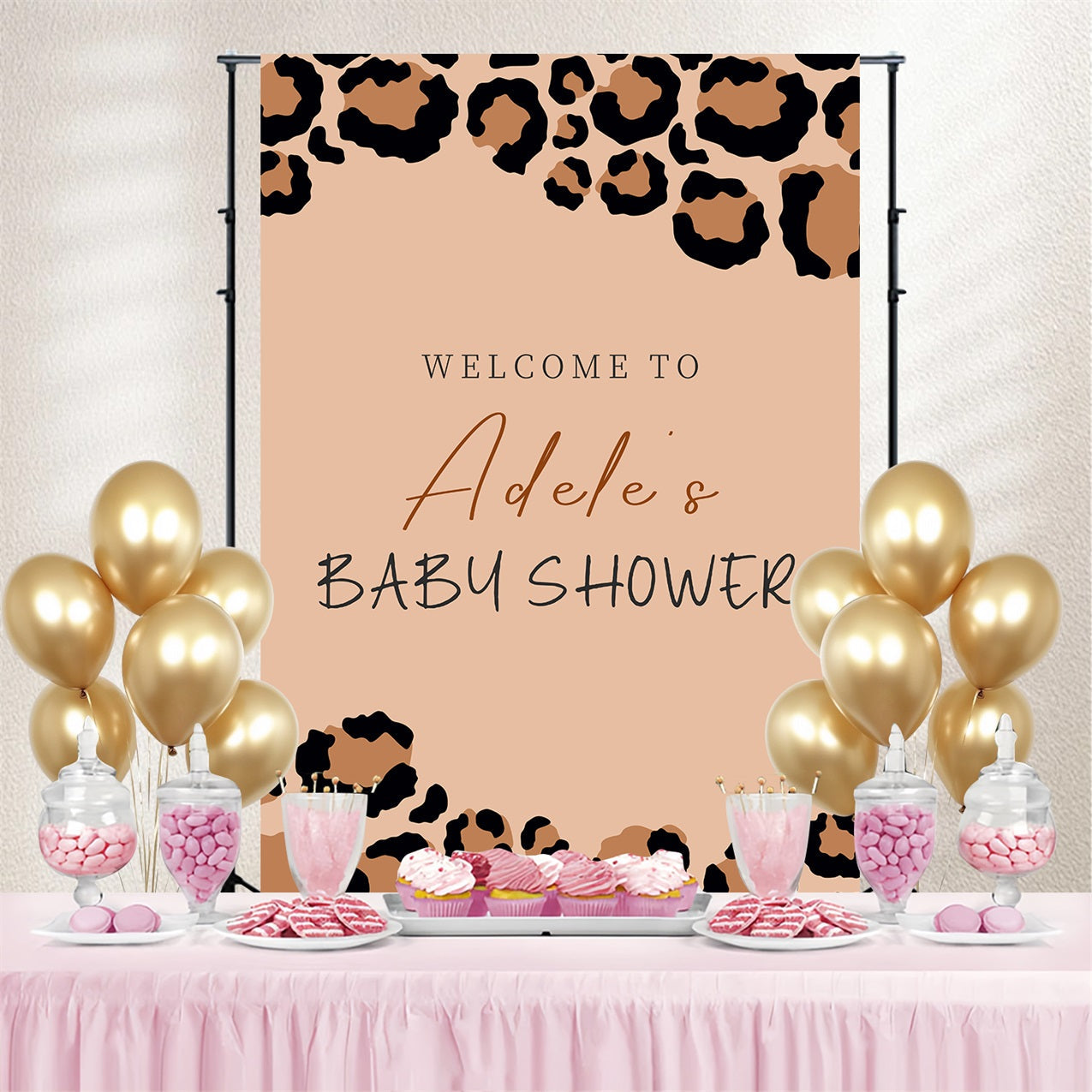 Toile de fond Baby Shower Léopard Beige Bienvenue Personnalisée LXX4-214