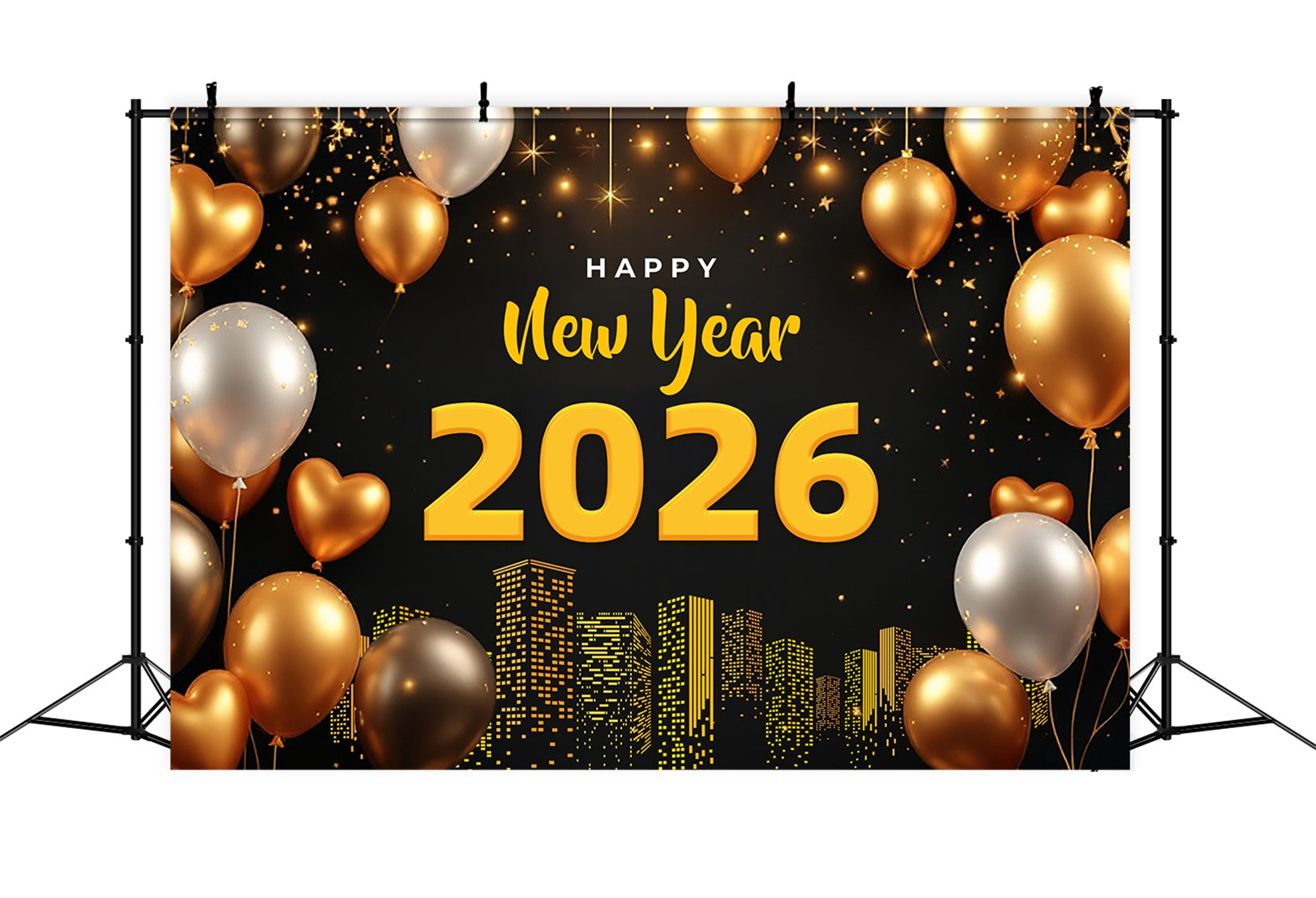 Joyeux Nouvel An 2026 Toile de fond Ballons dorés Lumières de la ville Toile de fond pour le réveillon du Nouvel An LXX510-1