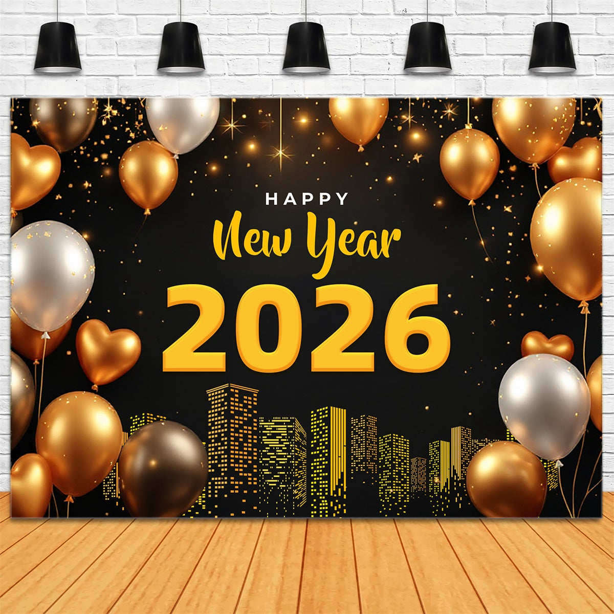 Joyeux Nouvel An 2026 Toile de fond Ballons dorés Lumières de la ville Toile de fond pour le réveillon du Nouvel An LXX510-1