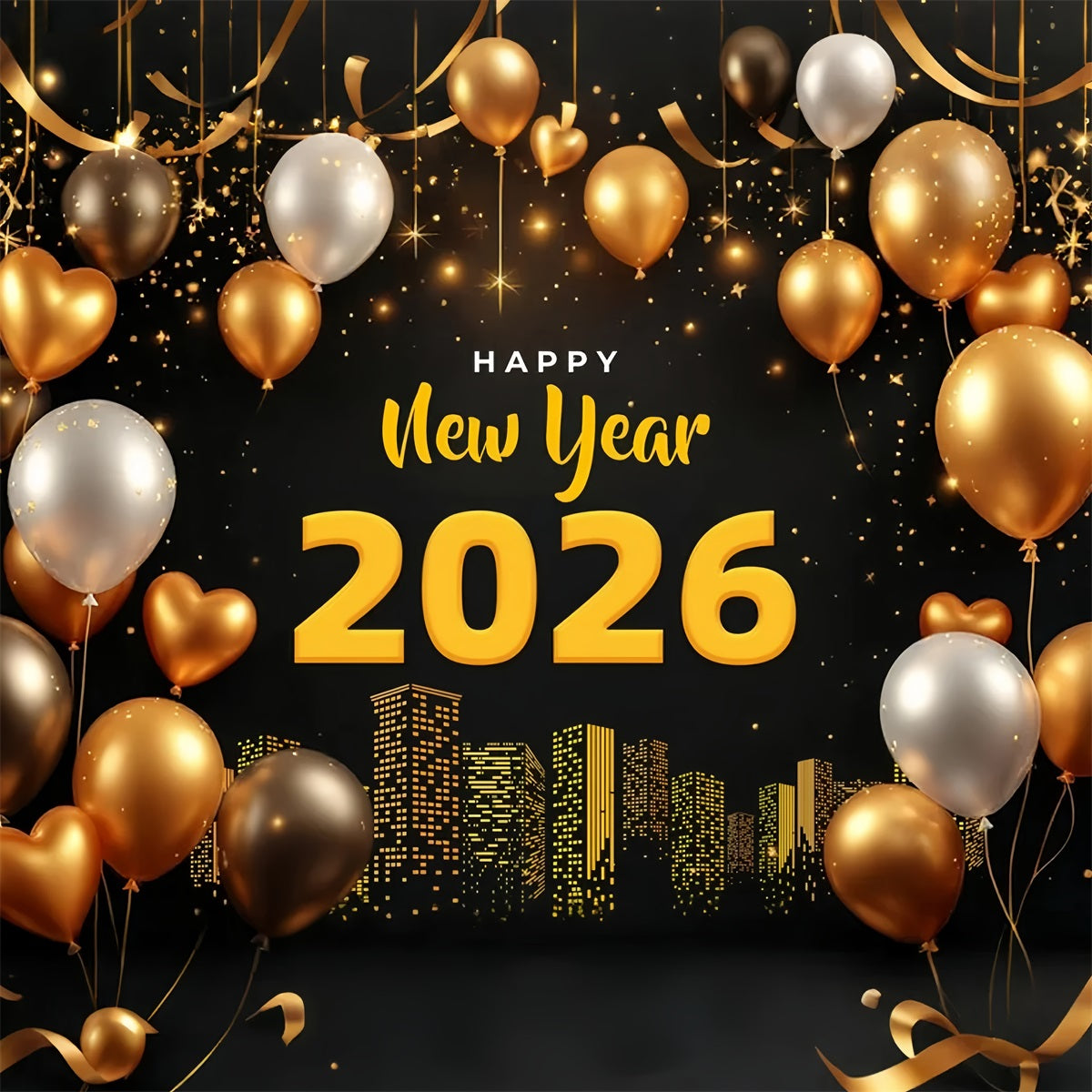 Joyeux Nouvel An 2026 Toile de fond Ballons dorés Lumières de la ville Toile de fond pour le réveillon du Nouvel An LXX510-1