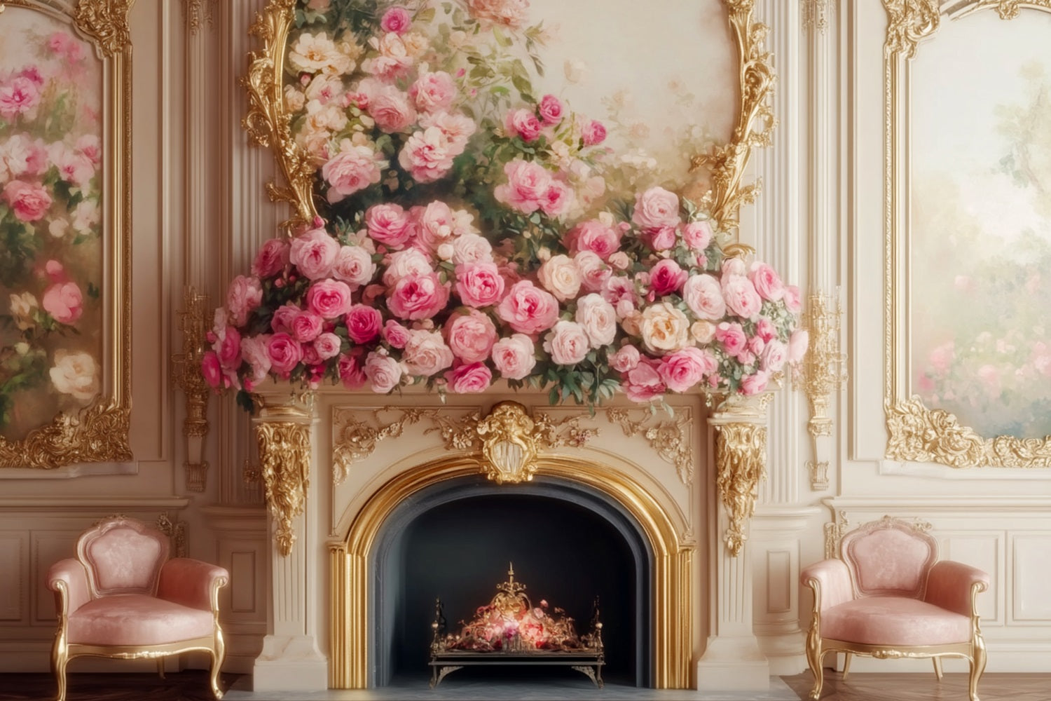 Fond victorien Fond vintage mur fleuri cheminée rose élégante LXX510-103