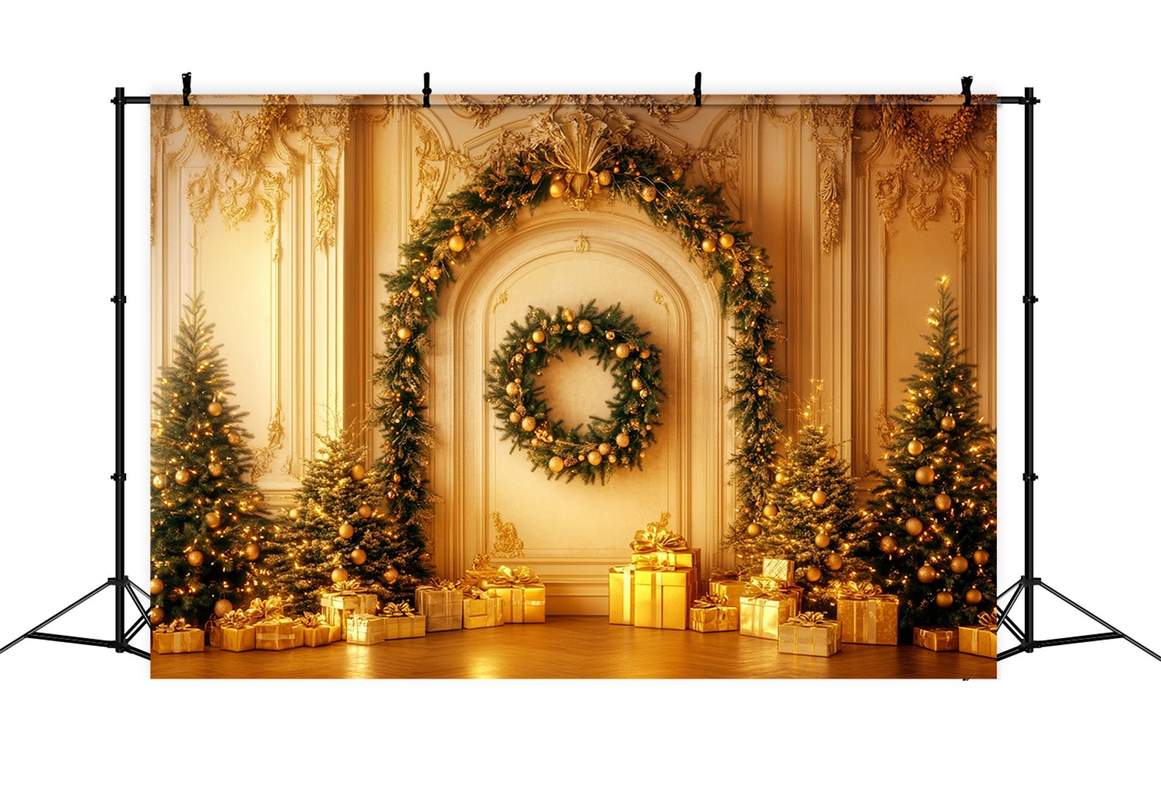 Fond mural vintage de Noël Élégance dorée avec guirlande Fond victorien LXX510-110