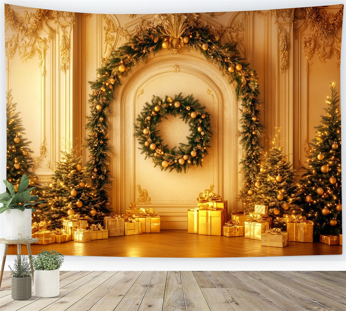Fond mural vintage de Noël Élégance dorée avec guirlande Fond victorien LXX510-110