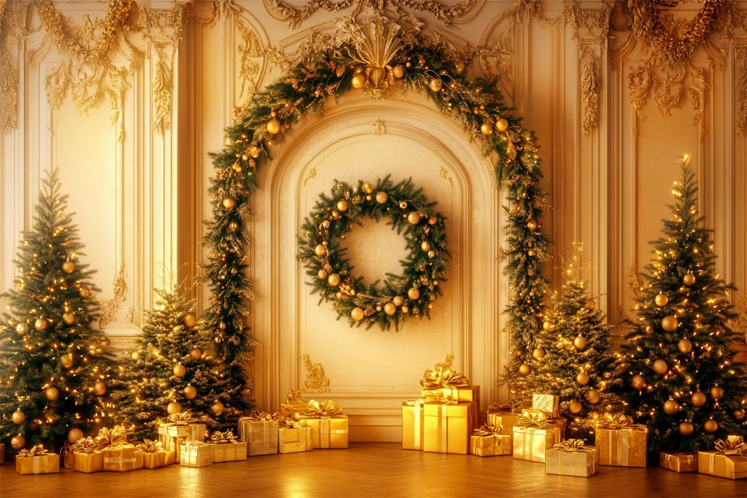 Fond mural vintage de Noël Élégance dorée avec guirlande Fond victorien LXX510-110