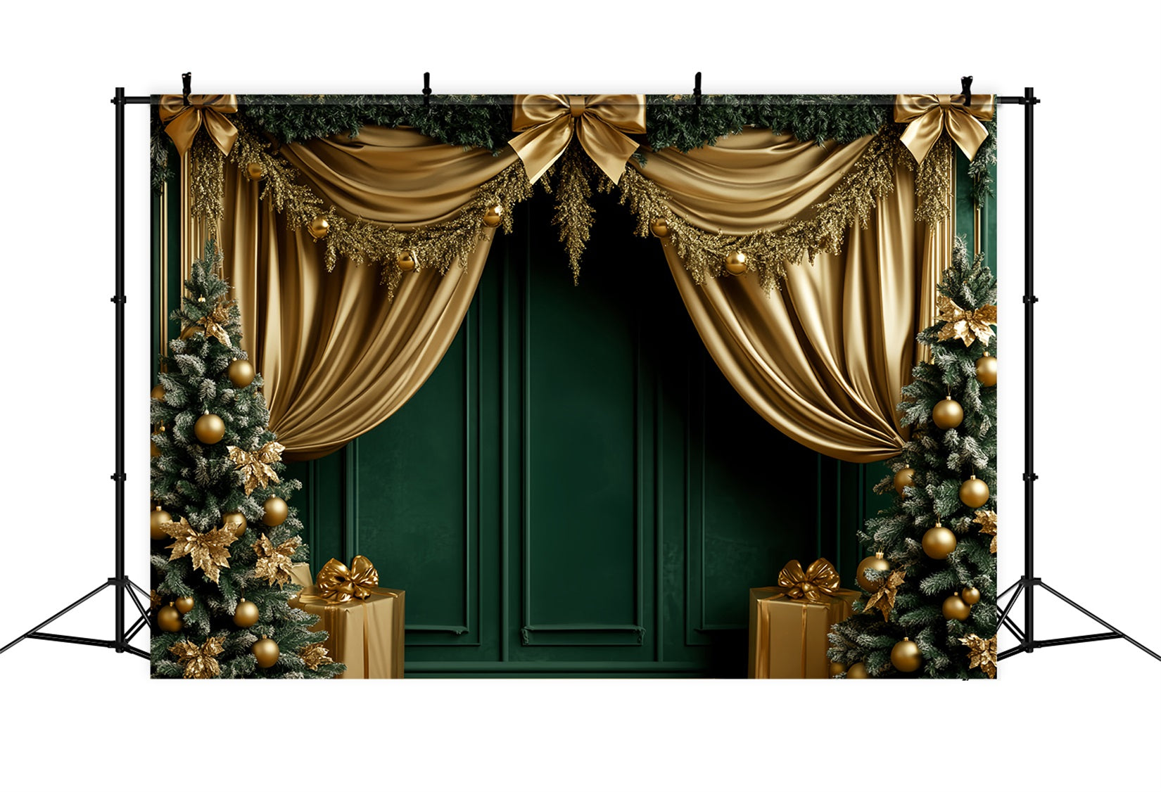 Fonds avec nœuds Rideau festif émeraude et or Fond victorien de Noël LXX510-111