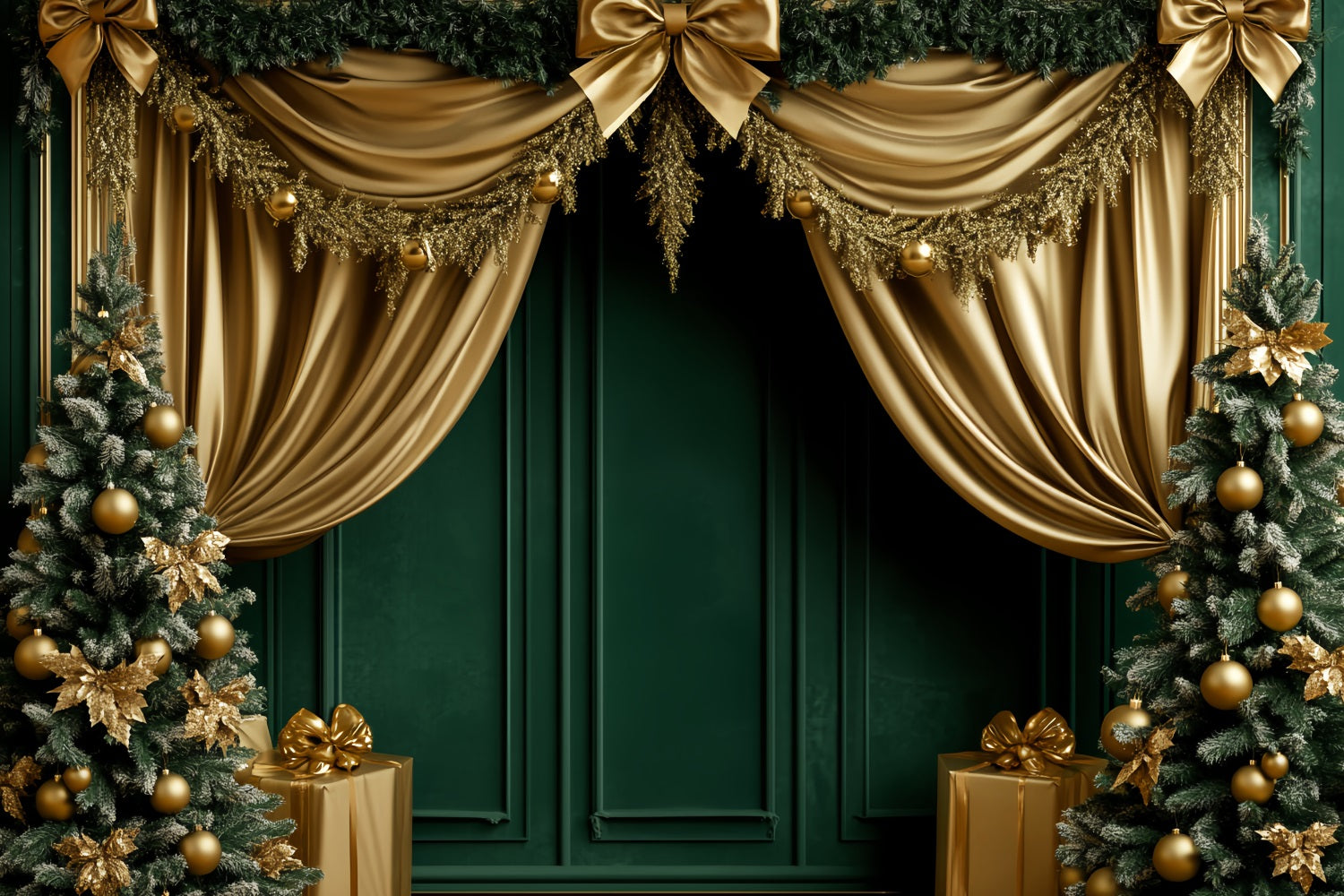 Fonds avec nœuds Rideau festif émeraude et or Fond victorien de Noël LXX510-111