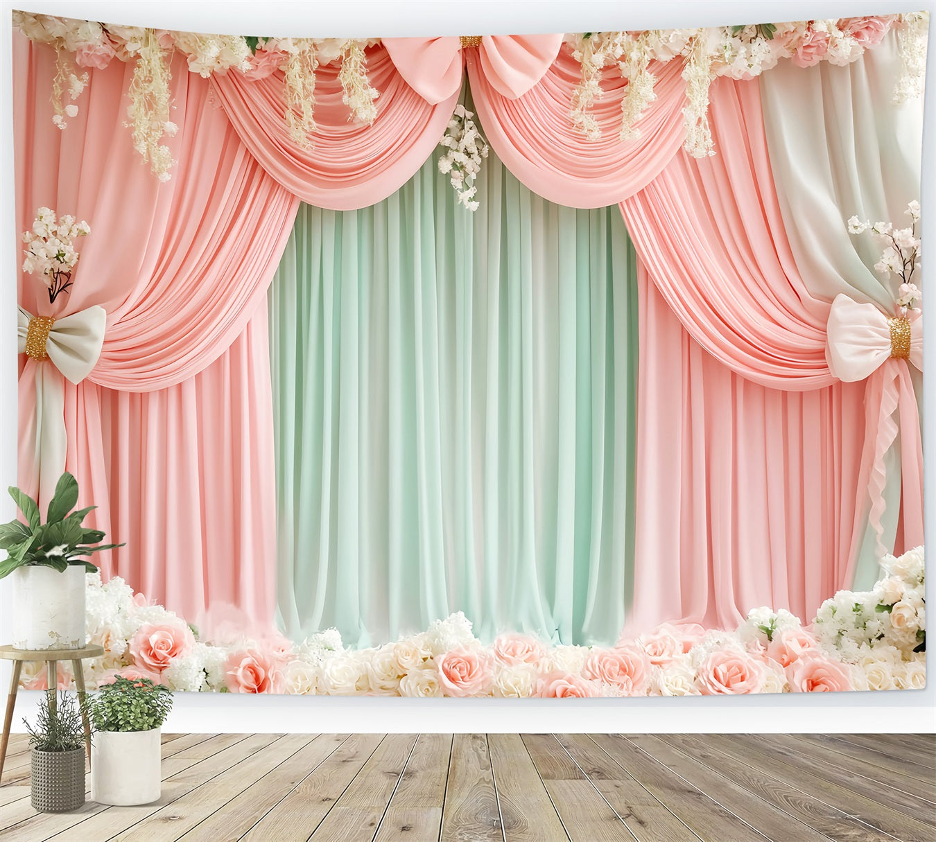 Fond avec nœuds roses Draperie florale menthe blush Fond victorien LXX510-112