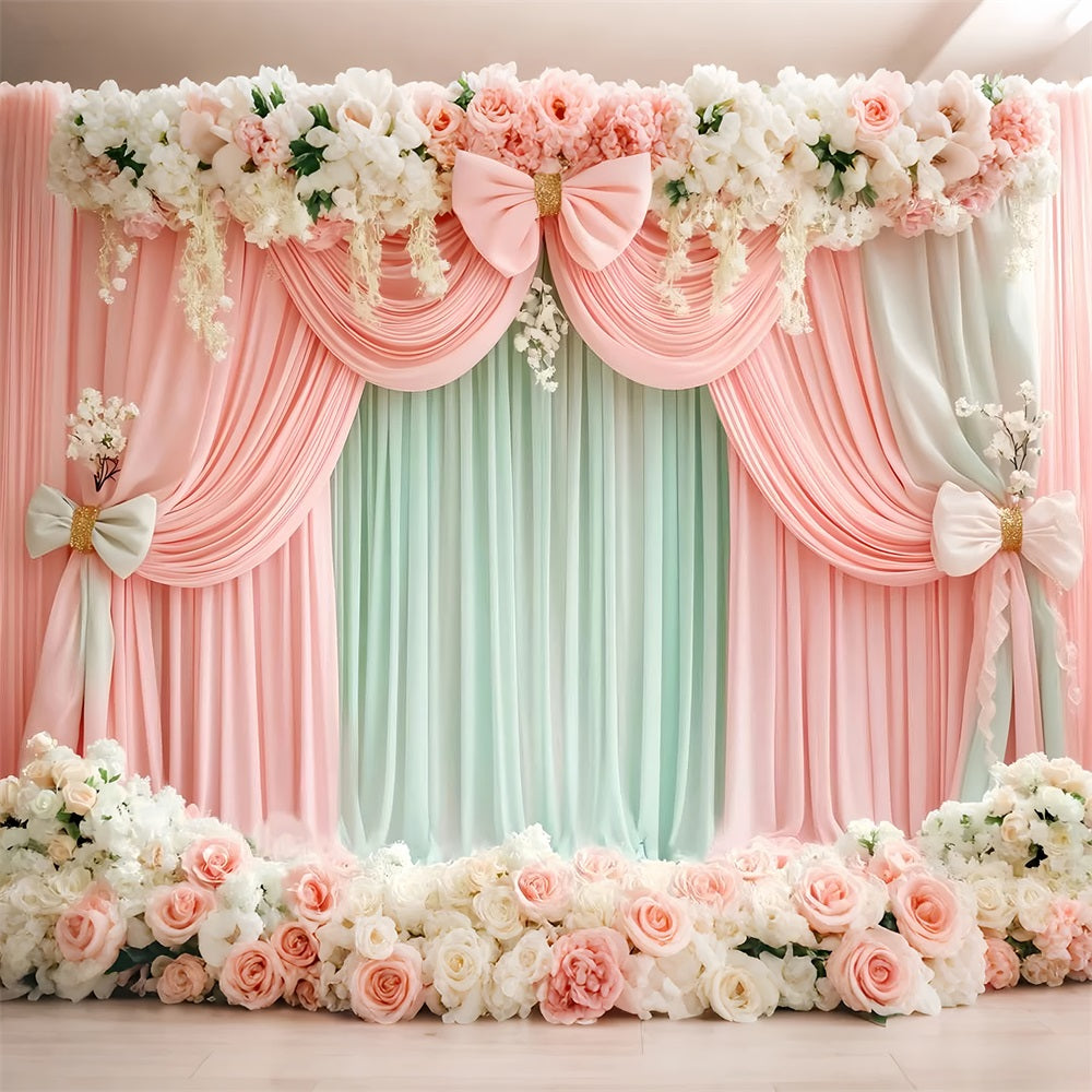 Fond avec nœuds roses Draperie florale menthe blush Fond victorien LXX510-112
