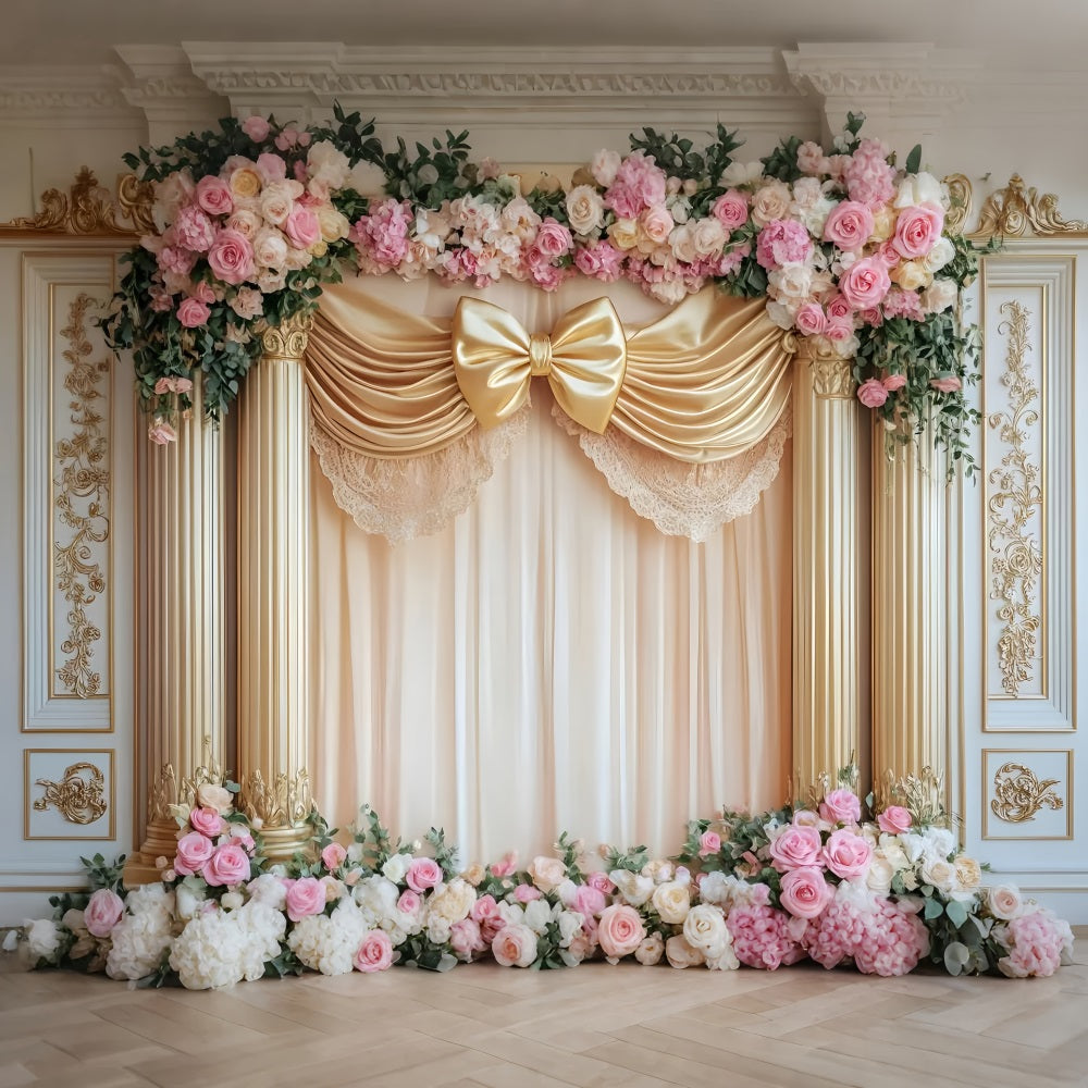Grand fond avec nœud doré et colonnes roses Fond photo victorien LXX510-120
