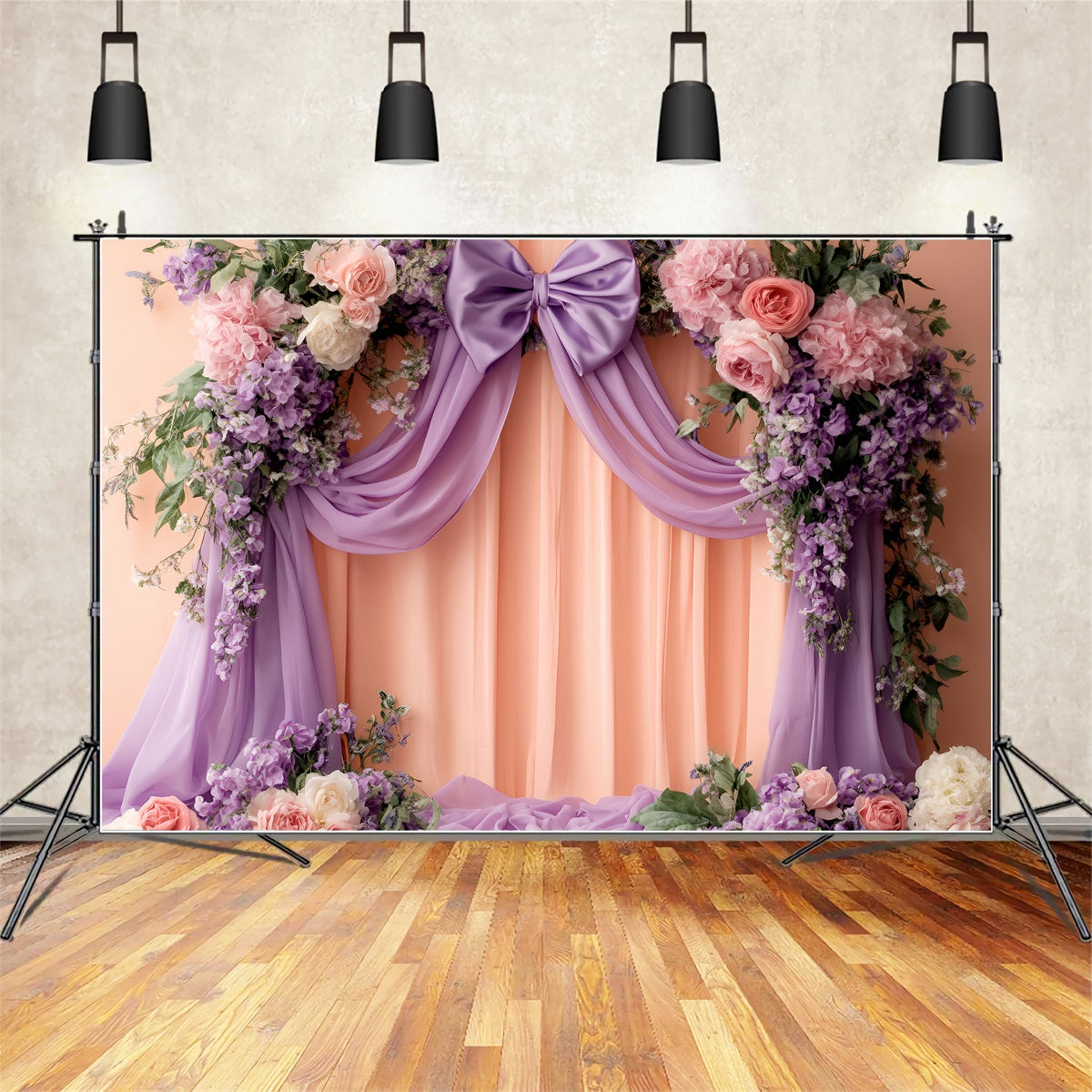 Grand fond avec nœud lilas et draperie florale pêche Fonds victoriens LXX510-121