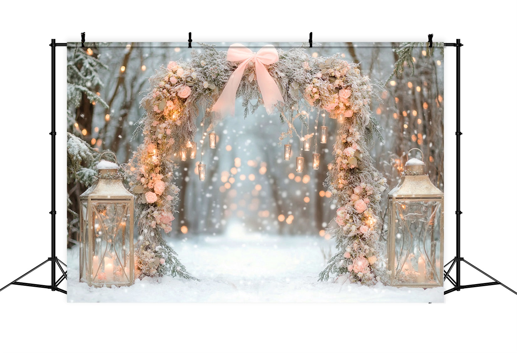 Fond rose avec nœud, lanterne florale enneigée, arche, fond hivernal LXX510-137