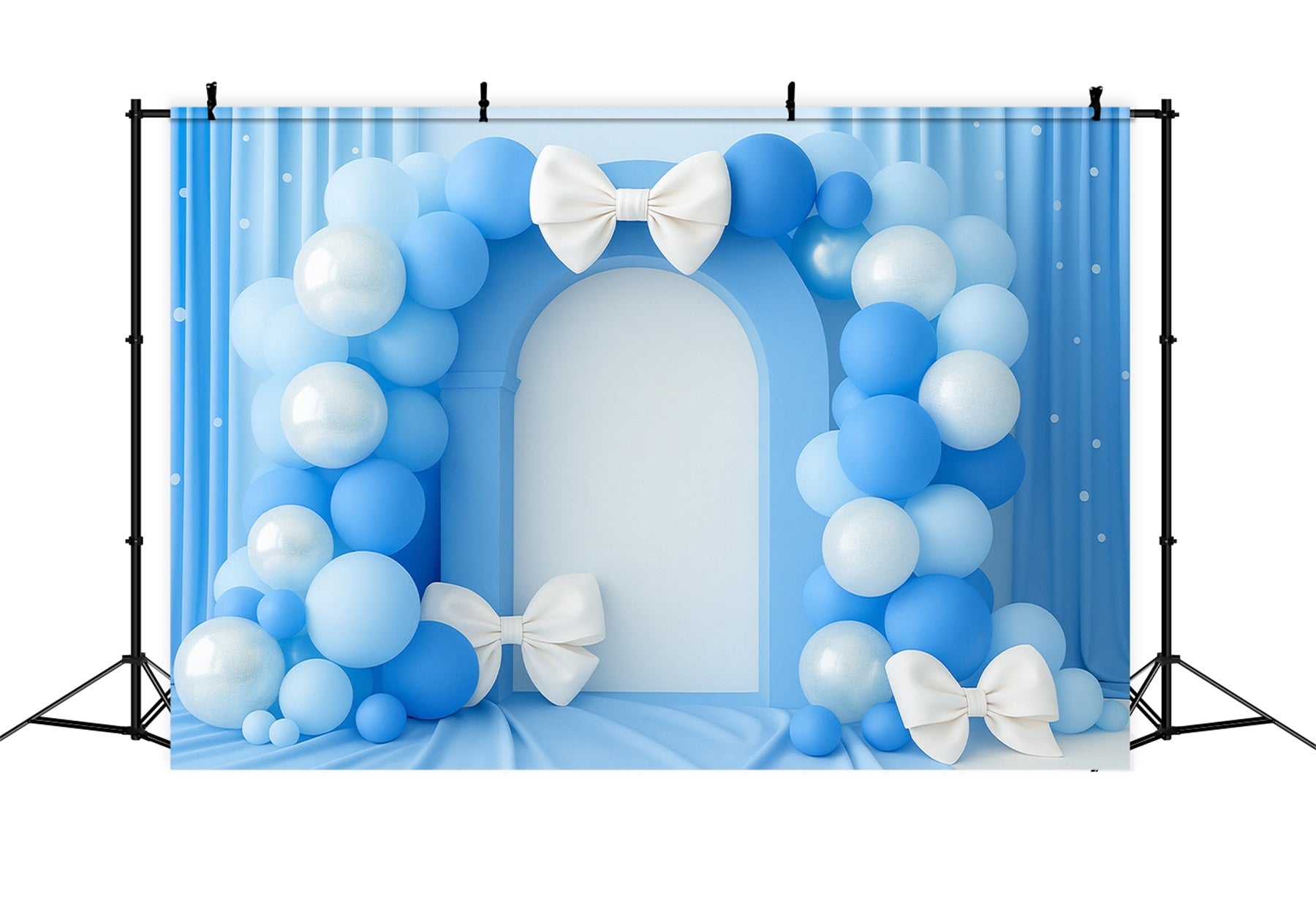 Fond avec nœud, arche de ballons bleus, fond élégant pour gâteau LXX510-149