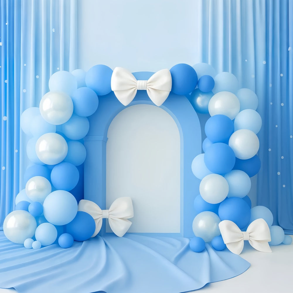 Fond avec nœud, arche de ballons bleus, fond élégant pour gâteau LXX510-149