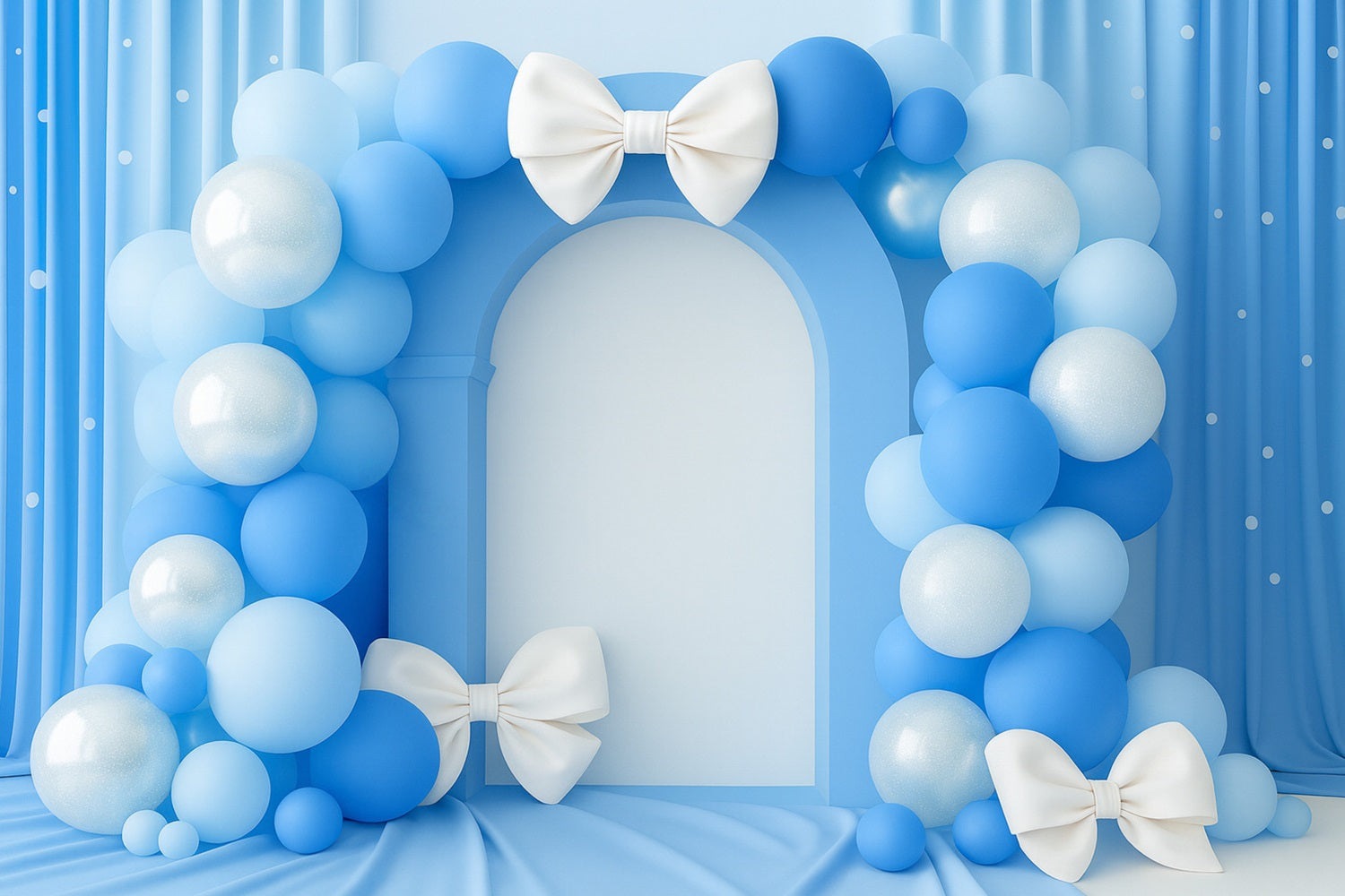 Fond avec nœud, arche de ballons bleus, fond élégant pour gâteau LXX510-149
