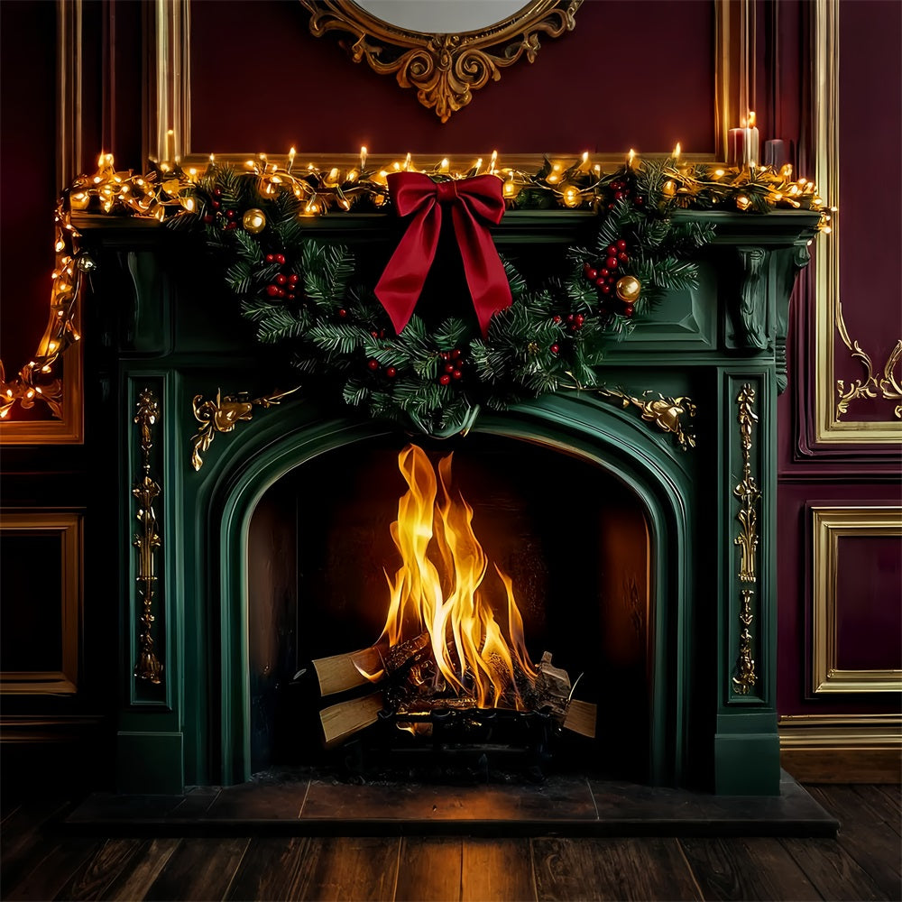 Fond avec nœud Cheminée émeraude Lumières de Noël Fond de Noël LXX510-151