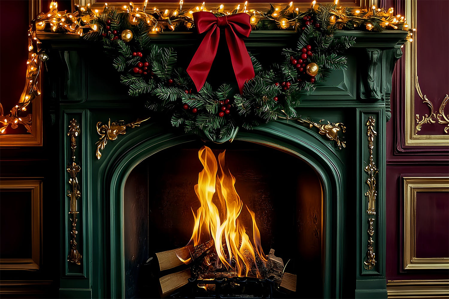 Fond avec nœud Cheminée émeraude Lumières de Noël Fond de Noël LXX510-151