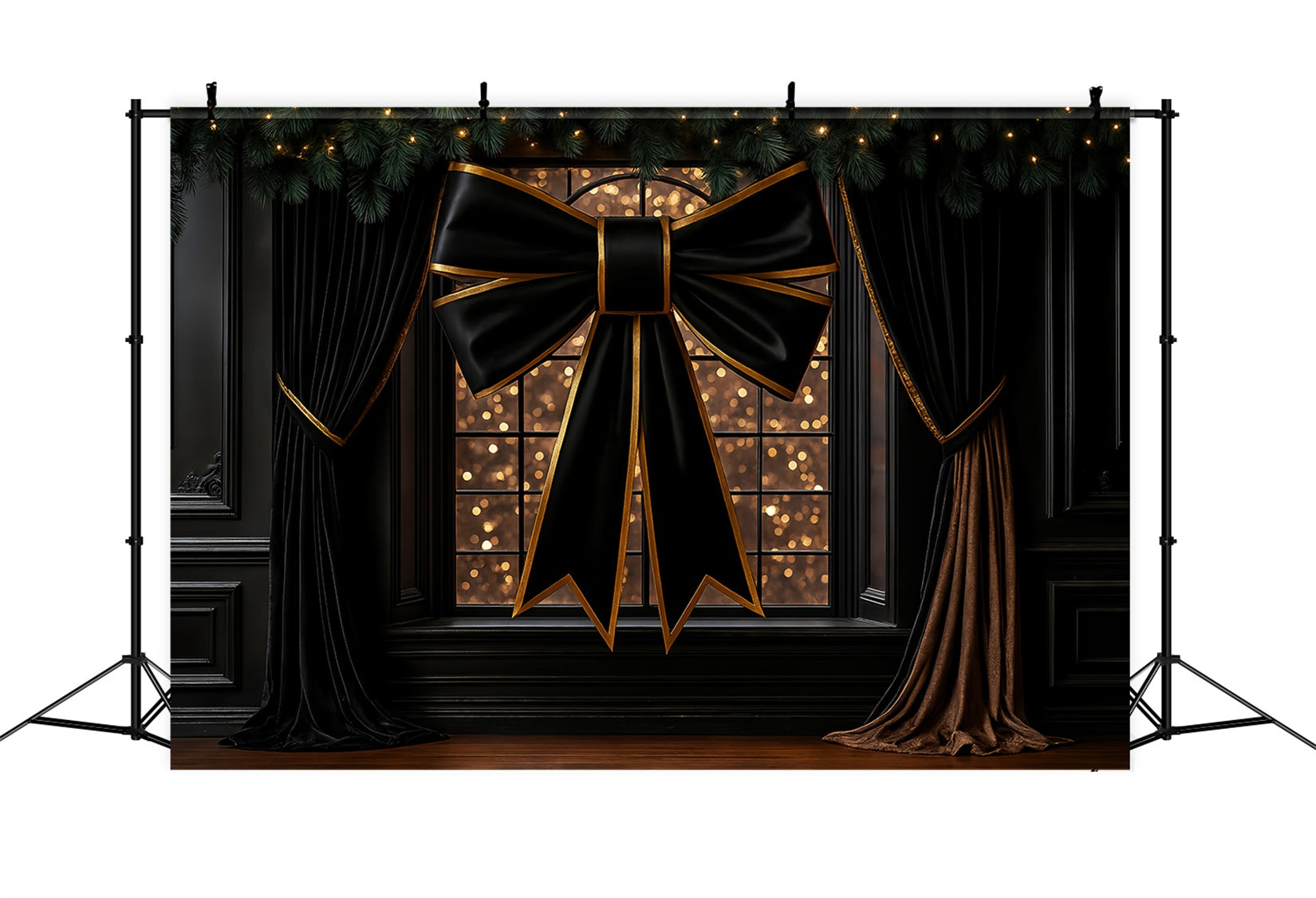 Grand fond avec nœud, fenêtre élégante noir et or, fond photo de Noël LXX510-156