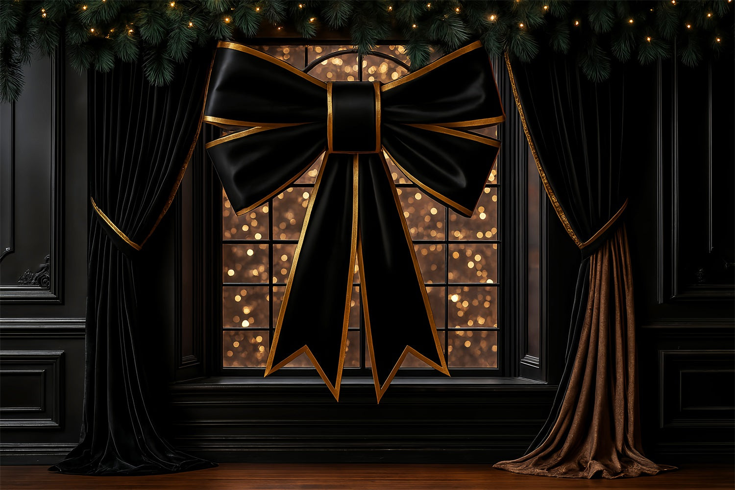 Grand fond avec nœud, fenêtre élégante noir et or, fond photo de Noël LXX510-156