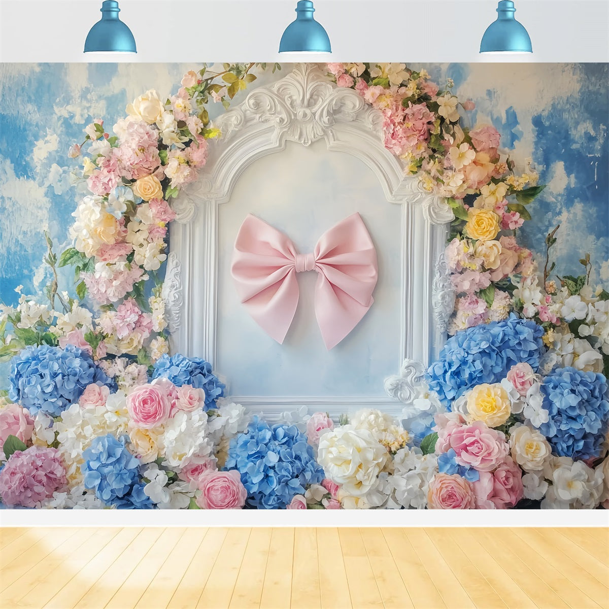 Toile de fond avec nœud rose Ruban rose Cadre floral Toile de fond florale LXX510-164