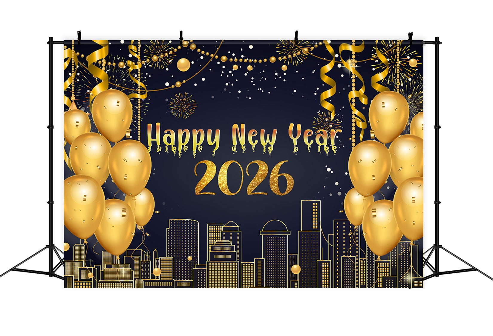 Fond « Bonne année » avec banderoles métalliques et horizon lumineux pour le Nouvel An LXX510-2