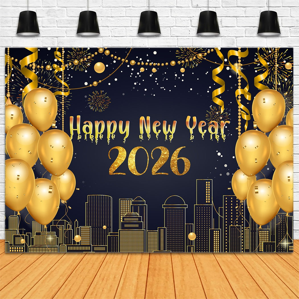 Fond « Bonne année » avec banderoles métalliques et horizon lumineux pour le Nouvel An LXX510-2