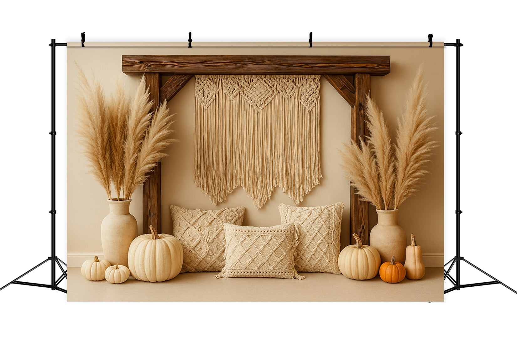 Fond photo citrouille Boho Pampas Coin douillet Fond Thanksgiving LXX510-24