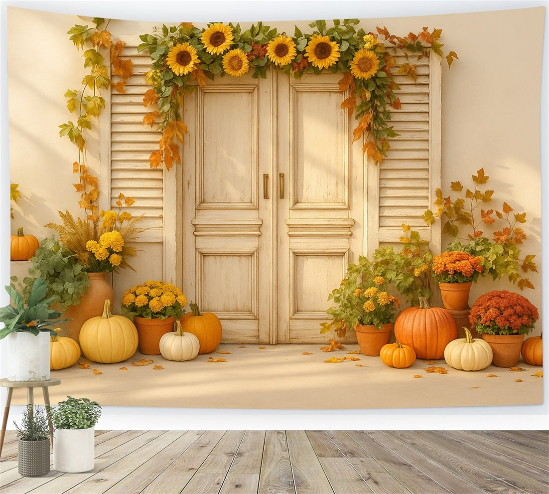 Fond photo citrouille Porte tournesol Récolte délicieuse Fonds Thanksgiving LXX510-26