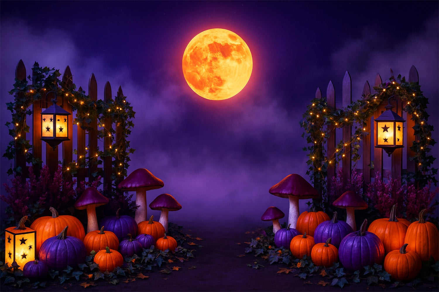 Fond citrouille Lune violette Chemin de citrouilles Fond Thanksgiving LXX510-30