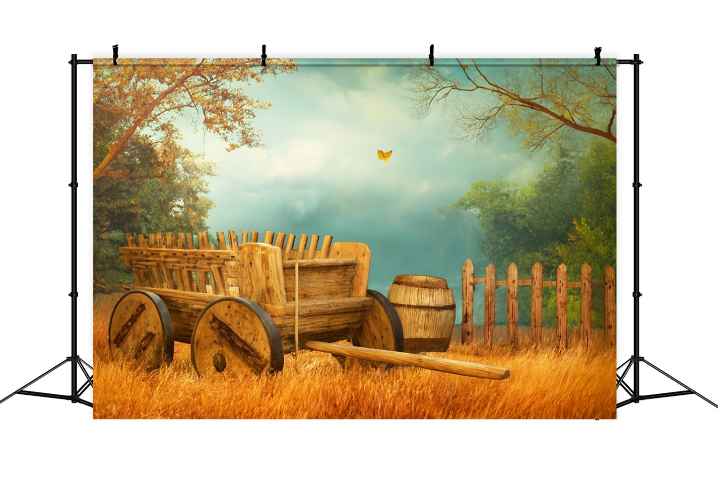Fond de ferme Charrette en bois Prairie d'automne Fonds photo pour Thanksgiving LXX510-34
