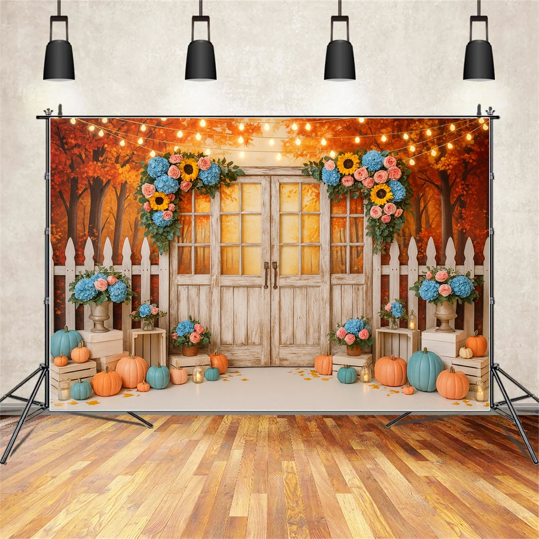Fond d'automne Porte rustique Lumières florales Fond photo pour Thanksgiving LXX510-37