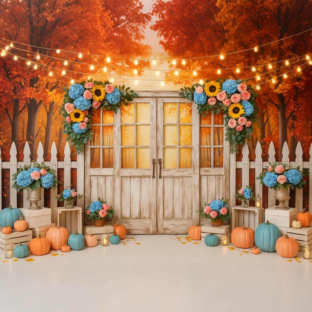 Fond d'automne Porte rustique Lumières florales Fond photo pour Thanksgiving LXX510-37
