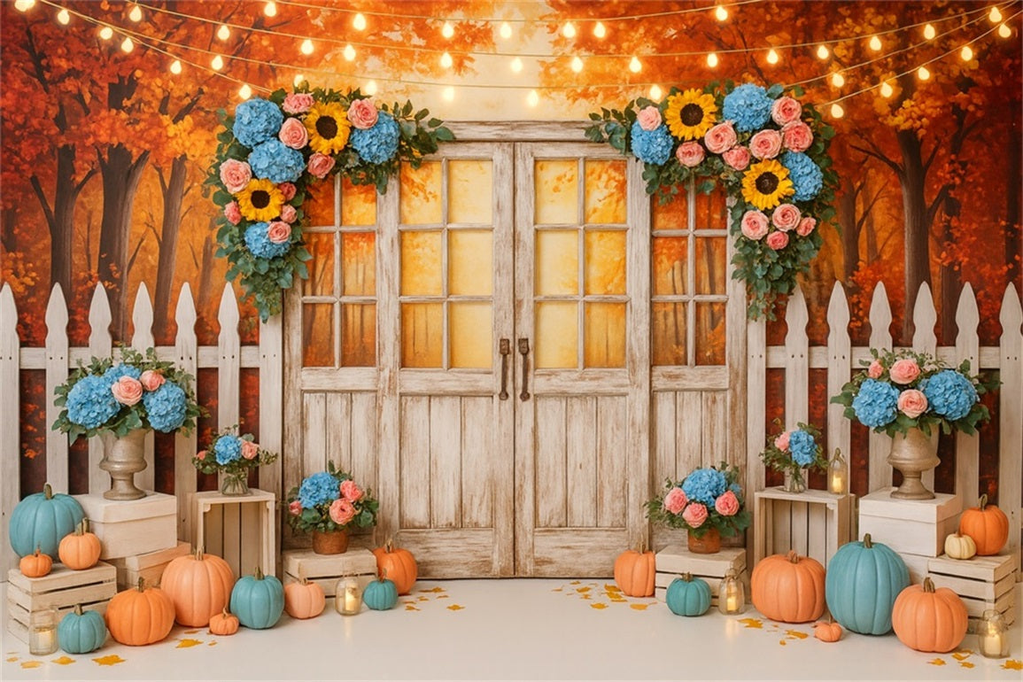 Fond d'automne Porte rustique Lumières florales Fond photo pour Thanksgiving LXX510-37