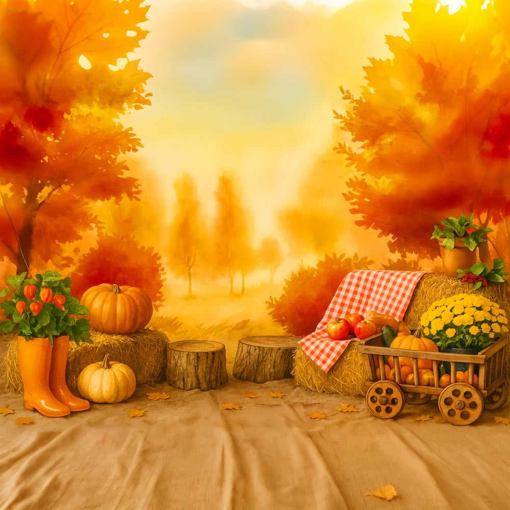 Fond photo citrouille Verger doré Pique-nique d'automne Idées de fond pour Thanksgiving LXX510-39